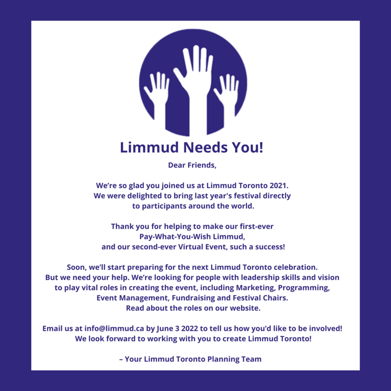 		                                </a>
		                                		                                
		                                		                            		                            		                            <a href="http://www.limmud.ca/volunteer/?utm_source=Master+List+Limmud+2004+to+Oct+28+2018&utm_campaign=46fe5cd7d3-EMAIL_CAMPAIGN_8_31_2019_22_22_COPY_03&utm_medium=email&utm_term=0_29dd044549-46fe5cd7d3-230204849&mc_cid=46fe5cd7d3&mc_eid=5864534ab0" class="slider_link"
		                            	target="">
		                            	Click here		                            </a>
		                            		                            